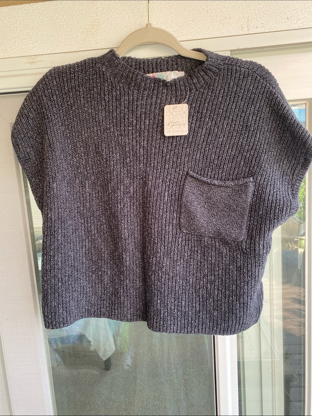 Free People Ribbed Short-Sleeve Crew Sweater - Charcoal